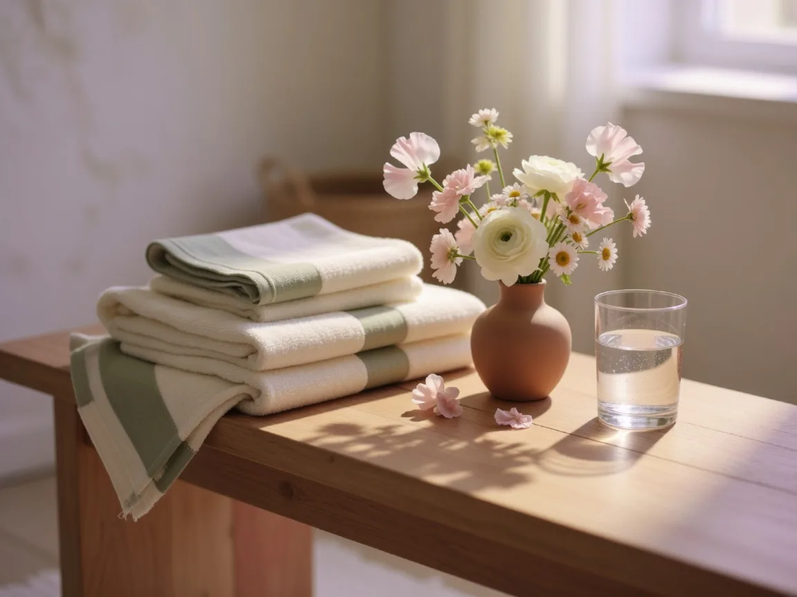 Folded towels and soft flowers in warm morning light
