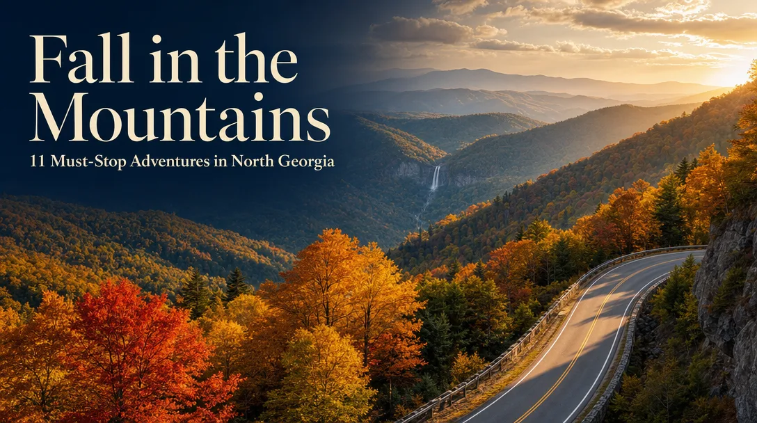 Golden fall foliage and mountain scenery along the Fall in the Mountains road trip in North Georgia, featured by Lisa Harris