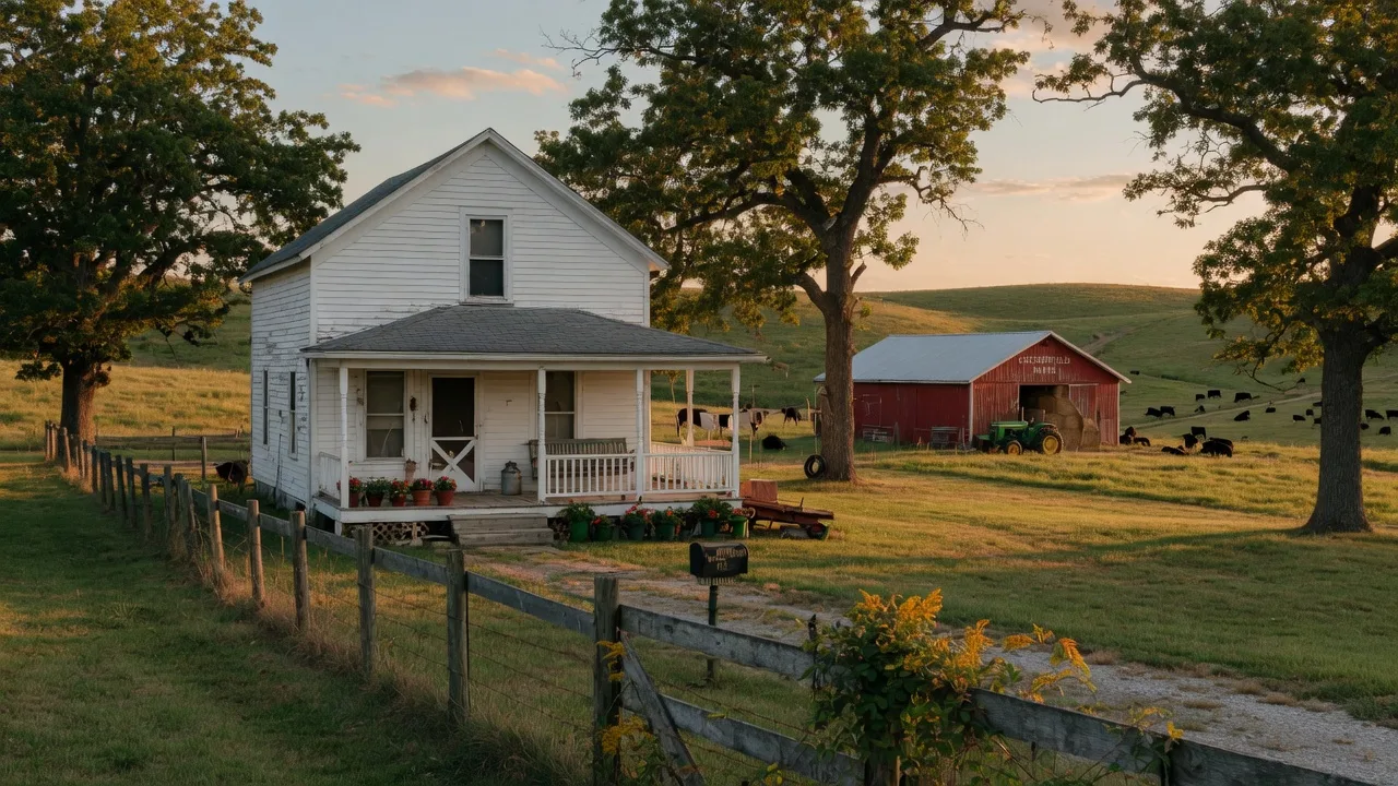 White Missouri farmhouse with a front porch, red barn in the distance, mature oak trees, and cattle grazing on rolling green hills during golden hour