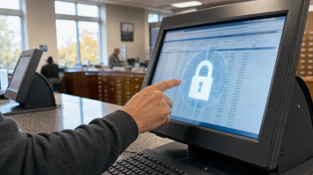 County records office showing public access computer terminal with official property records and a security overlay