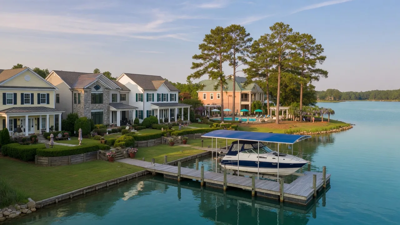 A waterfront community on Lake Norman with manicured homes, a wooden boat dock with a covered lift, and a resort clubhouse visible through pines on a calm late-summer afternoon