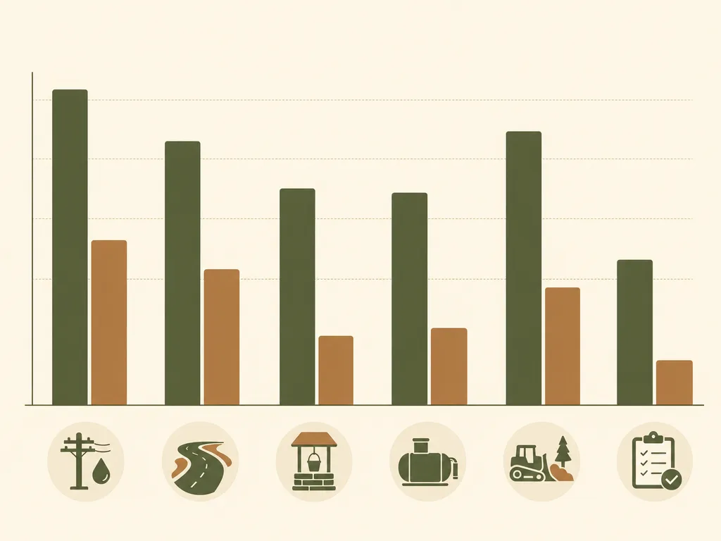 Bar chart comparing raw land vs. improved land costs across six categories: utility connections, driveway, well drilling, septic system, clearing and grading, and permits