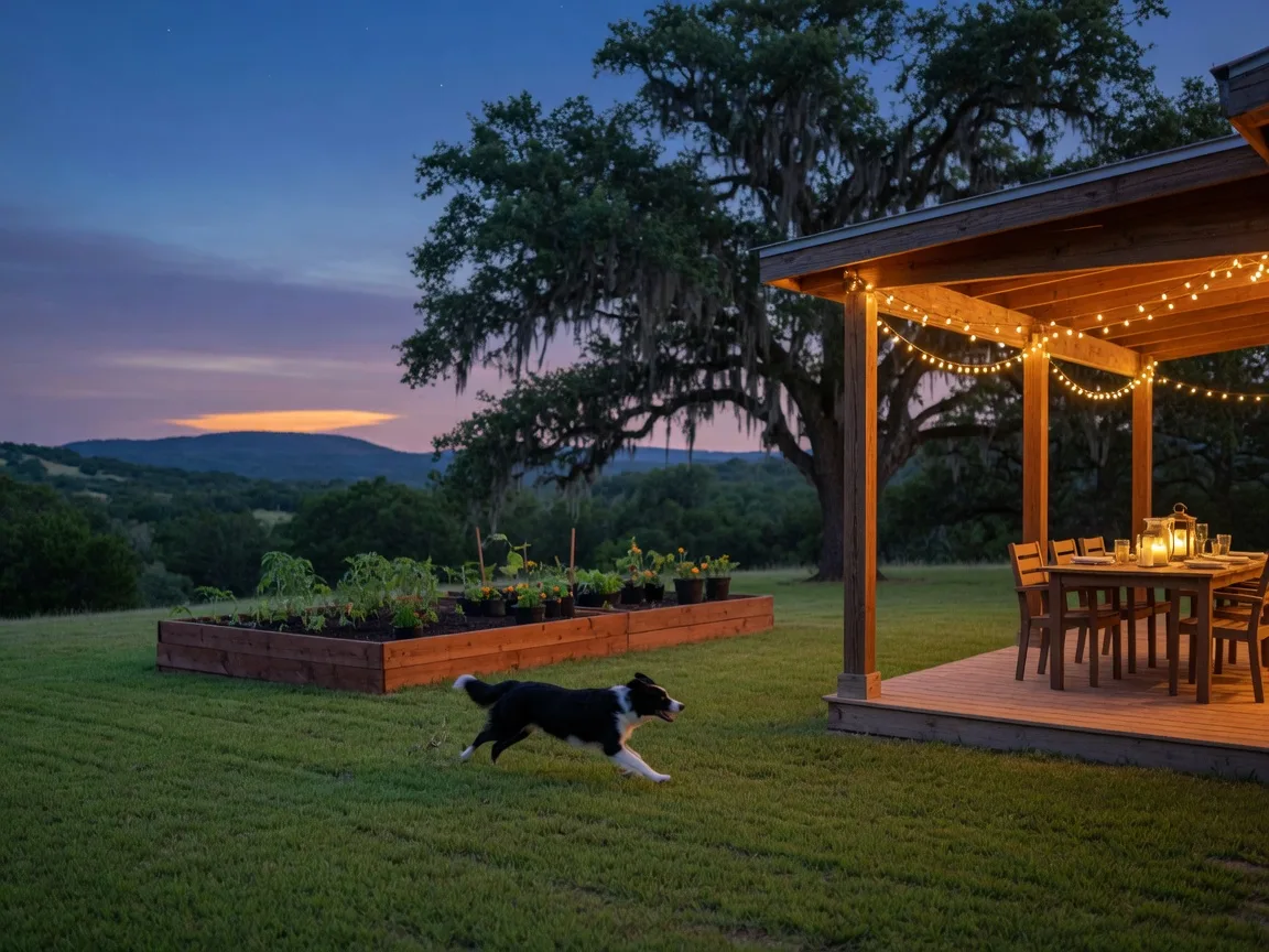 A wide Hill Country backyard at dusk with a covered porch, string lights, a six-seat dining table, a raised garden bed, and an open lawn with hills beyond