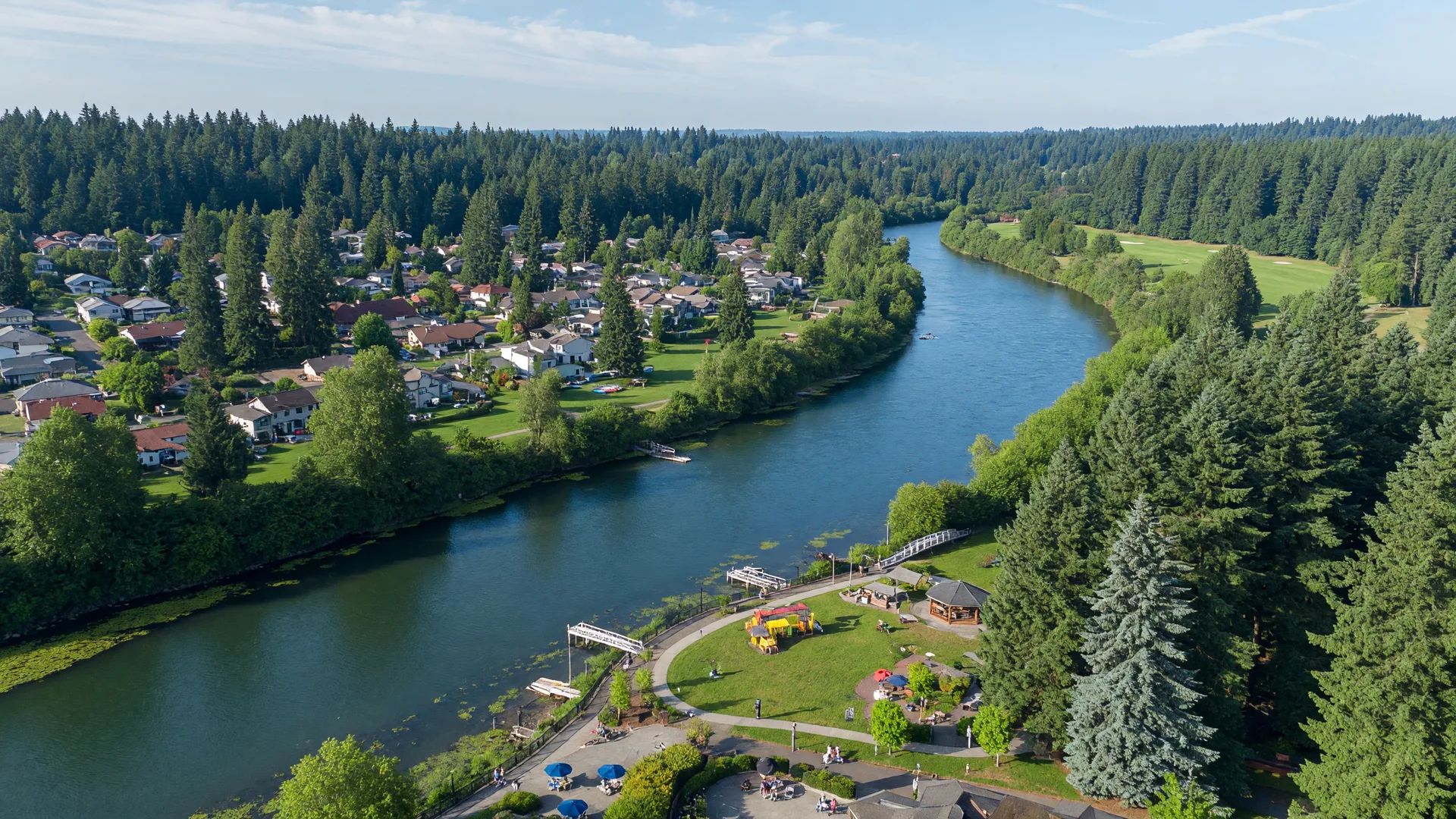 Aerial view of Tualatin with the Tualatin River and surrounding homes and parks