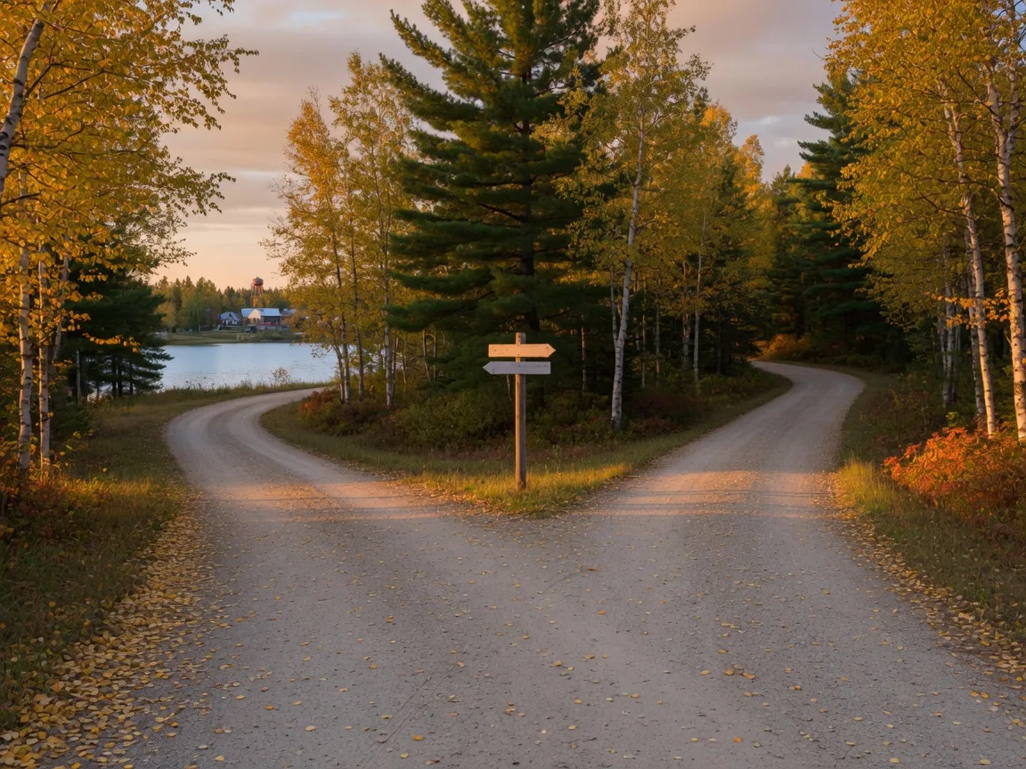 A gravel road in northern Minnesota splitting into two forks in early autumn, golden birch light, one way toward a lake town and one into open forest