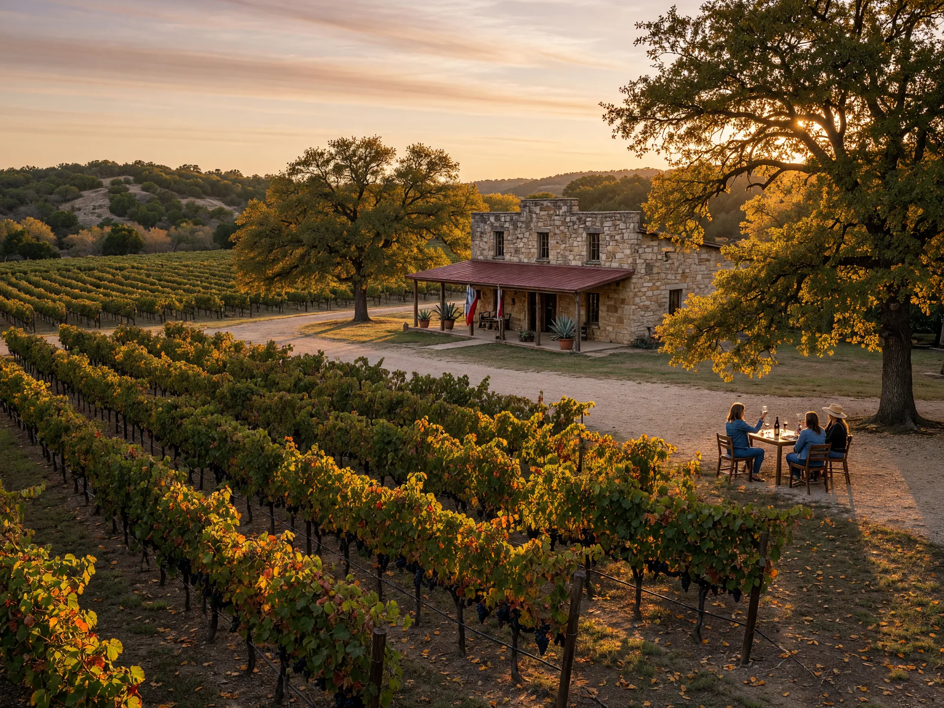 Golden-hour vineyard rows leading to a rustic Hill Country winery tasting room