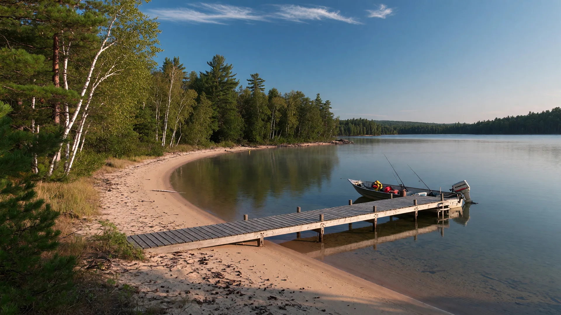 Sandy shoreline and a wooden dock on a large Minnesota lake near Brainerd