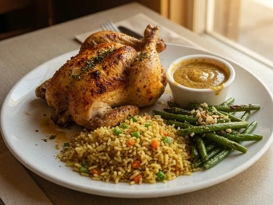A golden-brown half rotisserie chicken with crispy seasoned skin served with signature honey mustard, seasoned rice, and green beans at Rick Tanner's Grille and Bar in Dacula Georgia