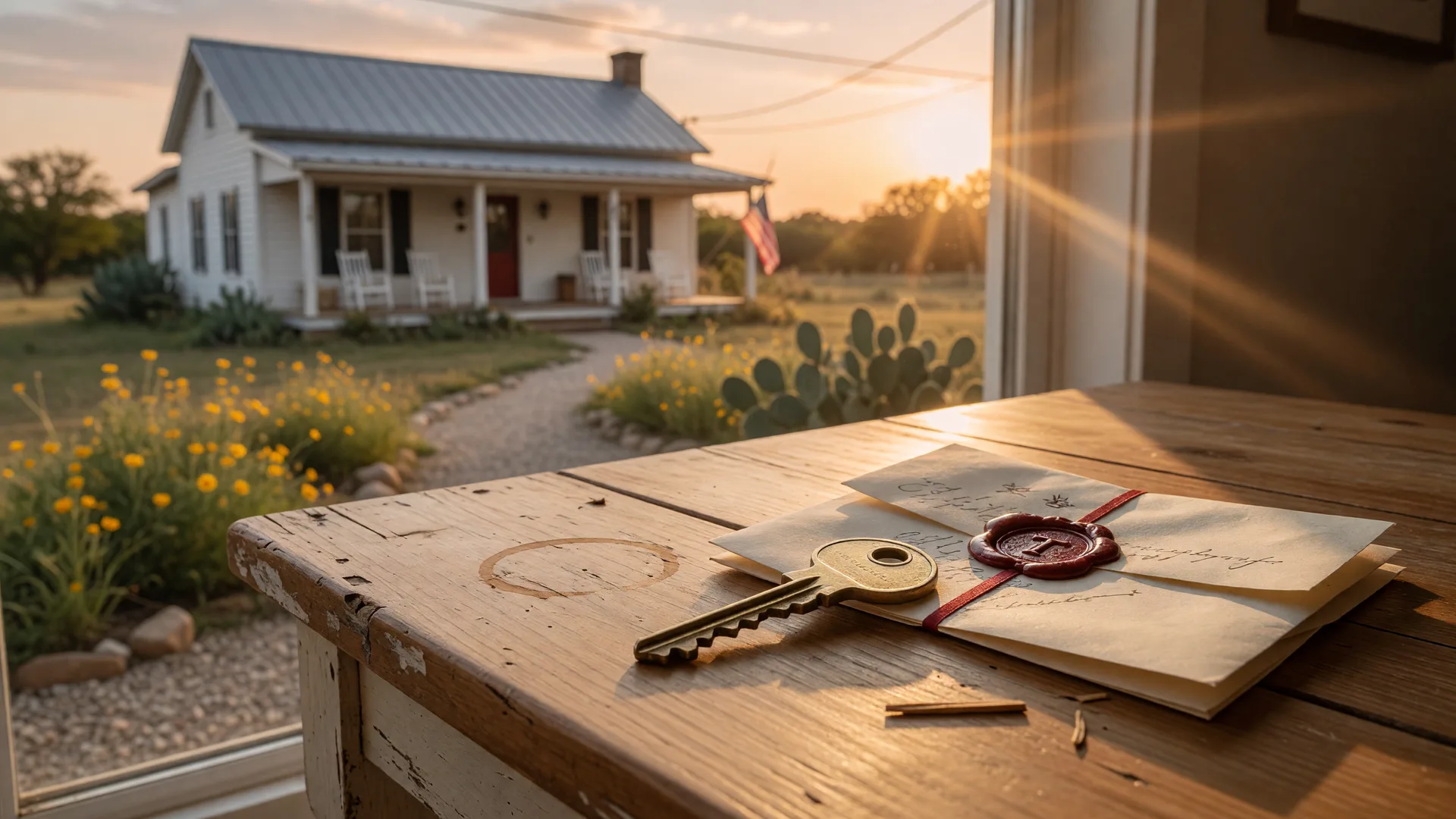 Brass house key and deed document on a wooden table with a Texas farmhouse softly blurred in the background