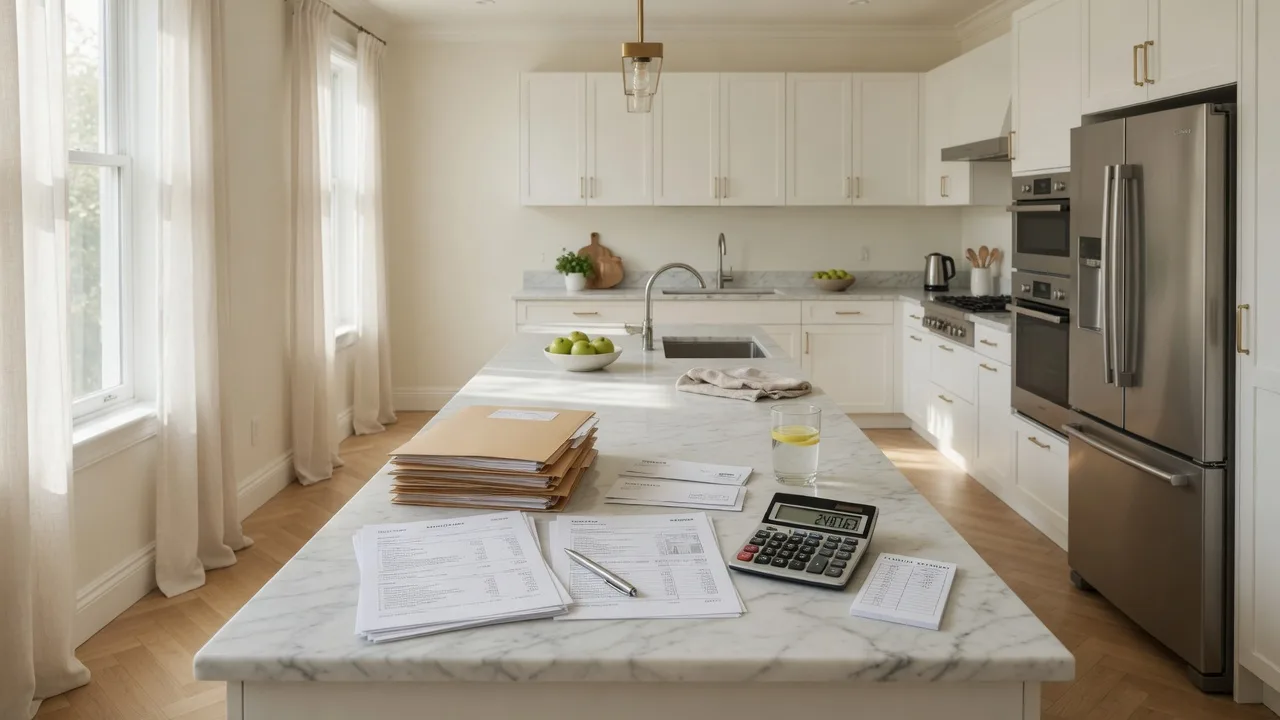 Elegant modern kitchen with financial documents and calculator on the island representing savings