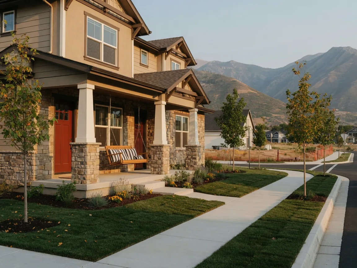 A new craftsman-style model home in a master-planned Utah community with the Wasatch Mountains in the distance, ready for fall tours