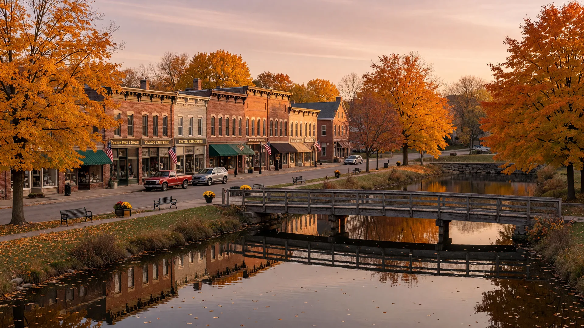 Historic Main Street storefronts in Dexter, Michigan beside the Huron River with a footbridge and autumn trees