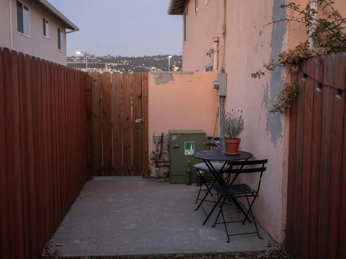 A compact urban patio with a two-seat bistro table and tall fences, representative of the small outdoor space common on typical coastal California lots