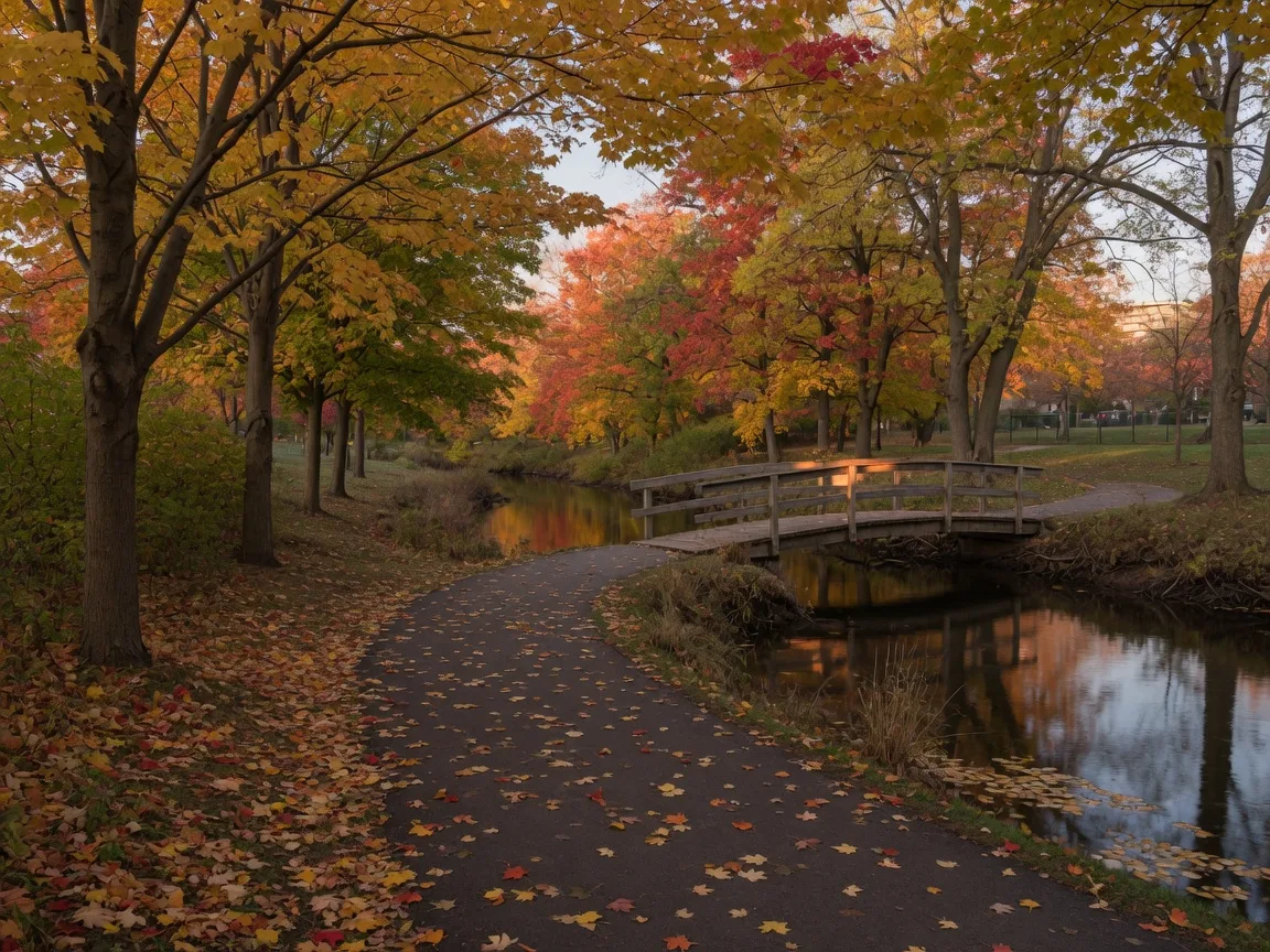 Paved trail winding through golden and red maple trees beside a calm creek in an Oshawa valley park in autumn