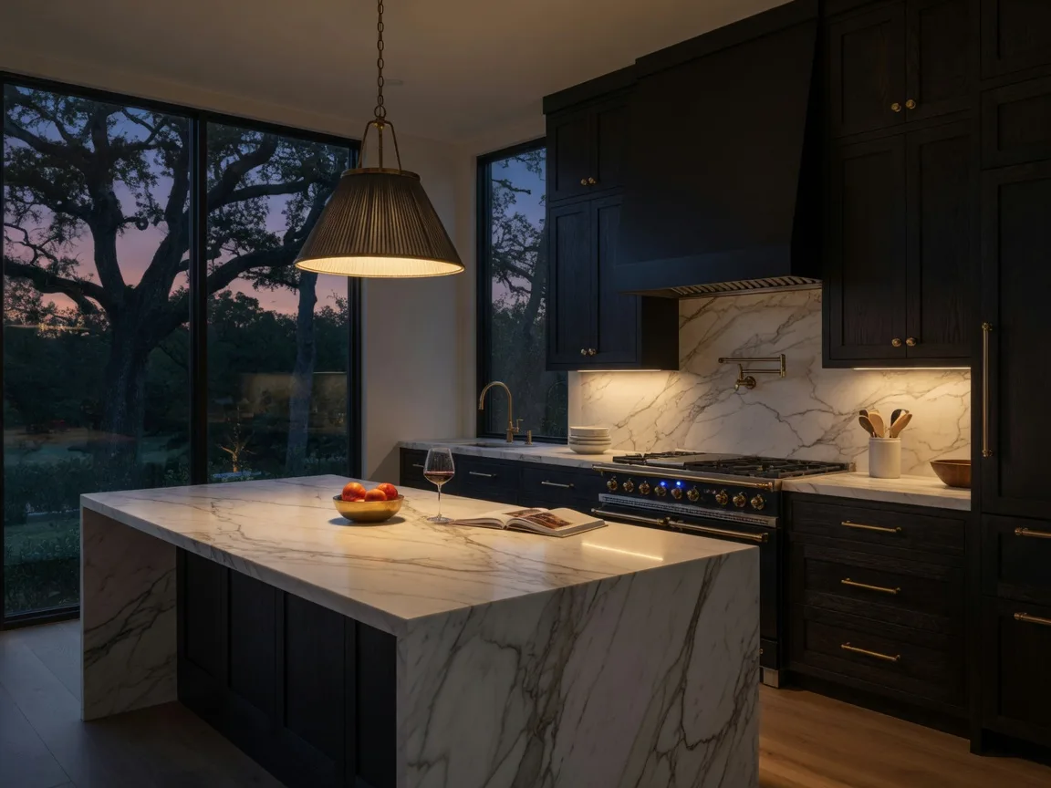 Renovated luxury kitchen in a Dallas estate home with marble island, custom cabinetry, and warm lighting at dusk