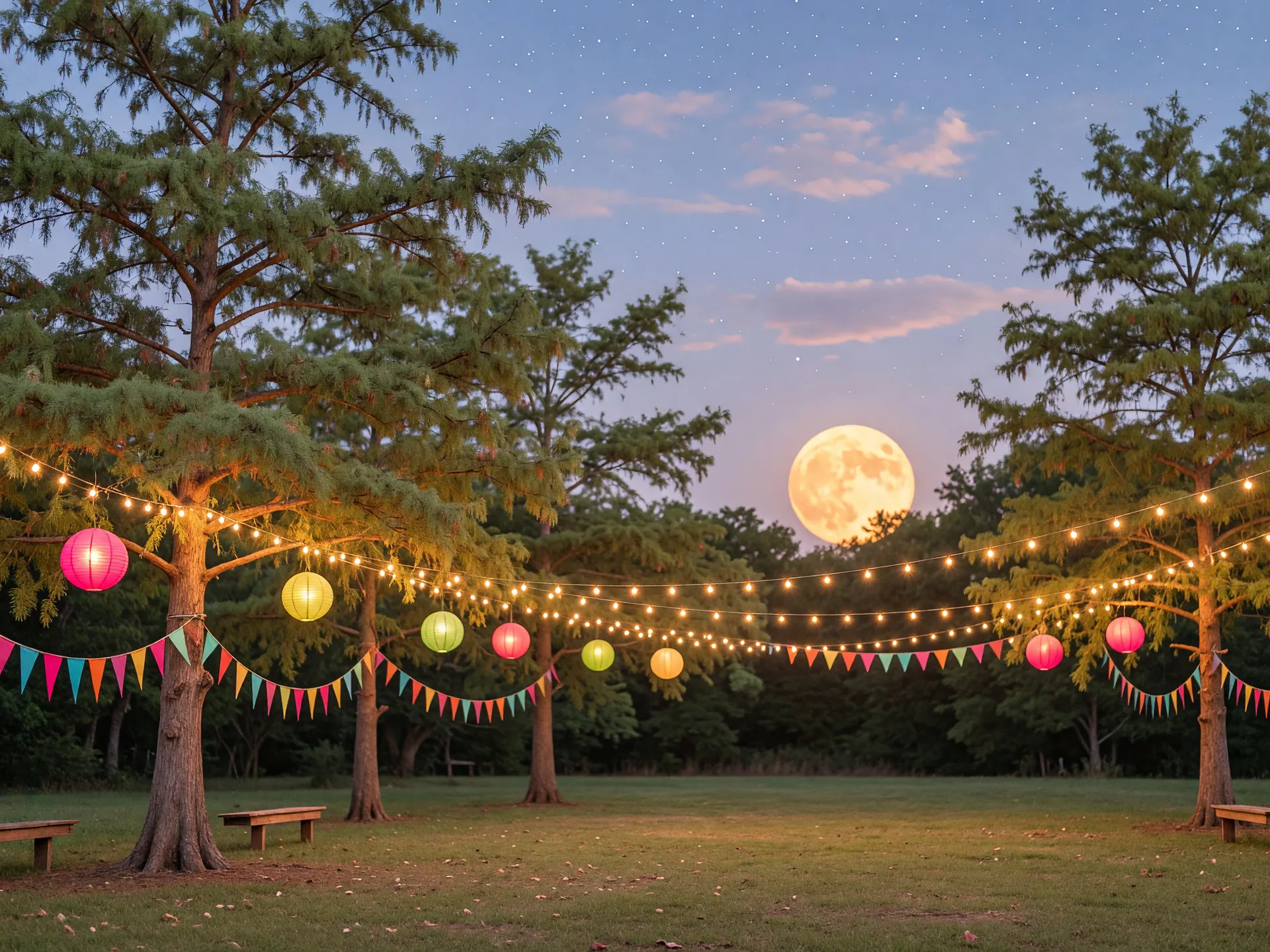 Full moon and warm string lights among cypress trees at the Howl at the Moon dance party