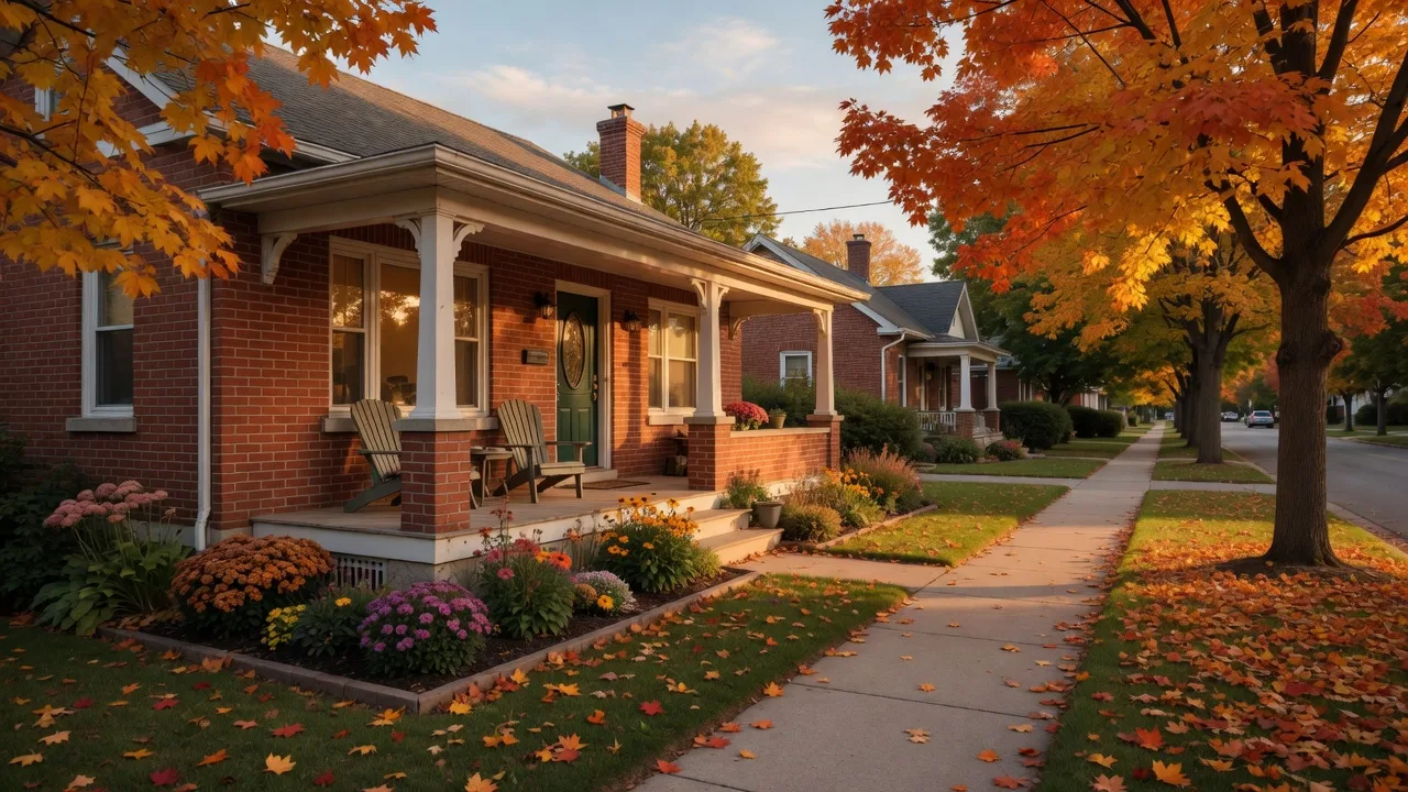 A welcoming single-storey red brick bungalow with a covered front porch on a quiet tree-lined Port Perry street in mid-October, warm light glowing from the windows and sugar maples in orange and gold along the sidewalk