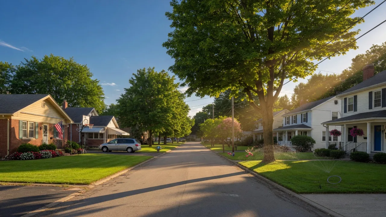 A sunny residential street in Fairborn, Ohio with well-maintained homes and green lawns under a blue summer sky