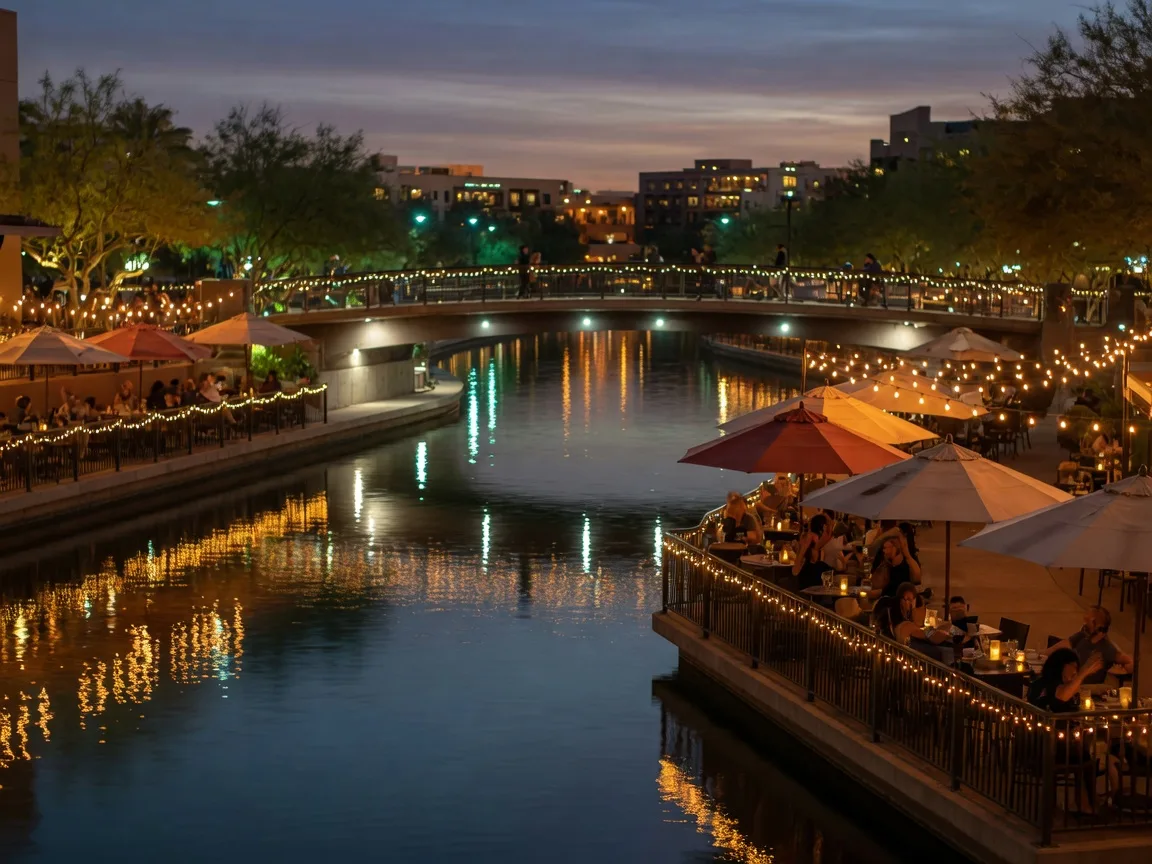 Scottsdale Waterfront canal with glowing restaurant terraces and string lights at dusk