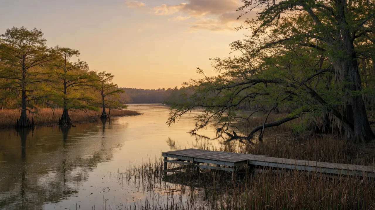 Oconee River shoreline near Milledgeville in Baldwin County, Georgia at late afternoon