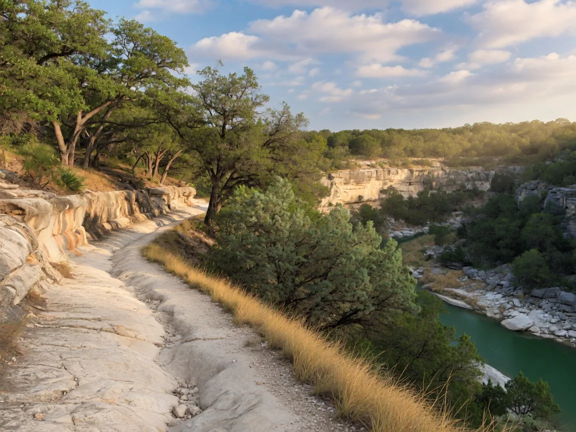 A limestone hiking trail winding along a bluff above the green Frio River at Garner State Park, with live oaks and juniper in warm morning light