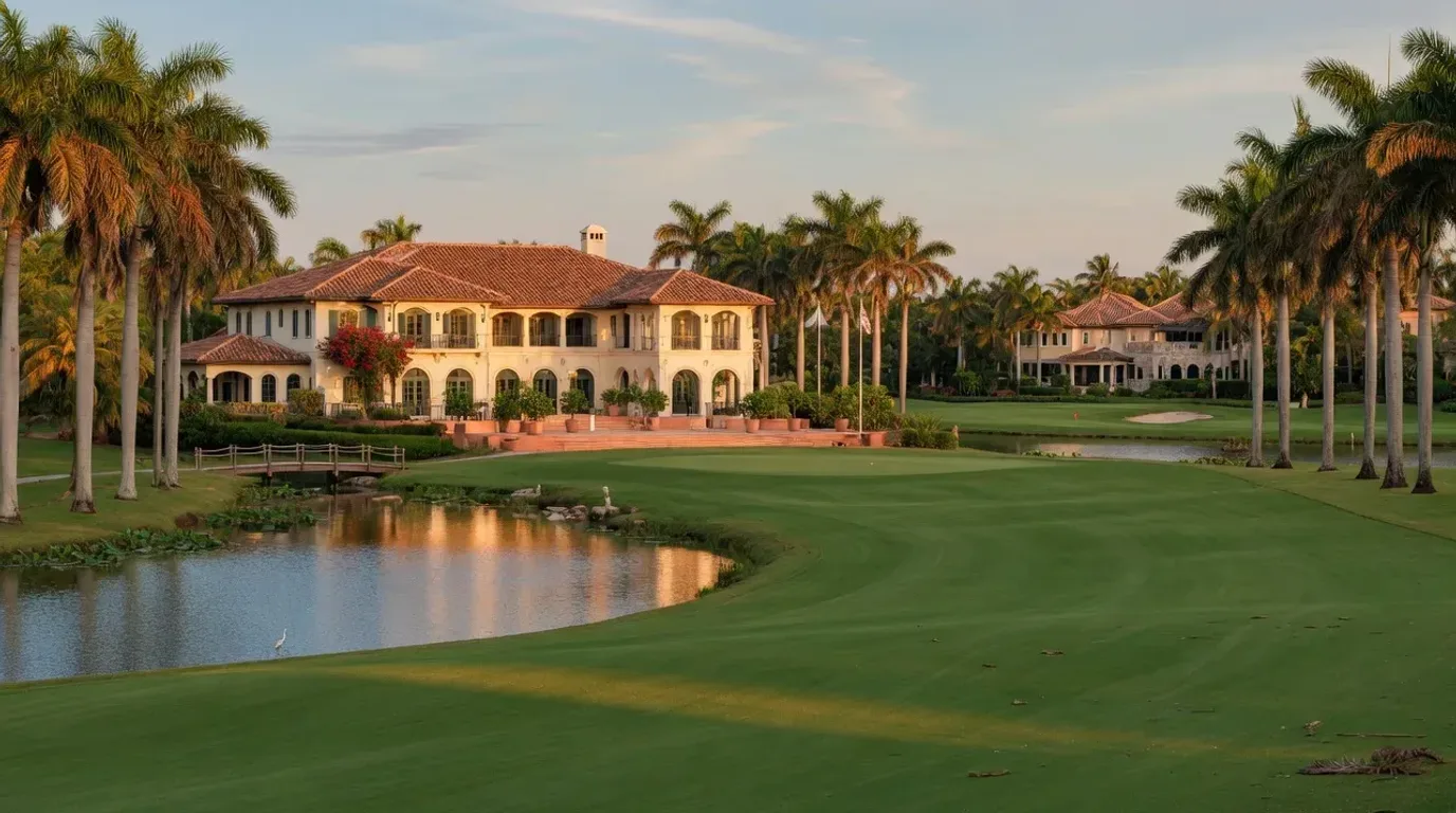 Mediterranean country club clubhouse and emerald golf fairway in Boca Raton at golden hour