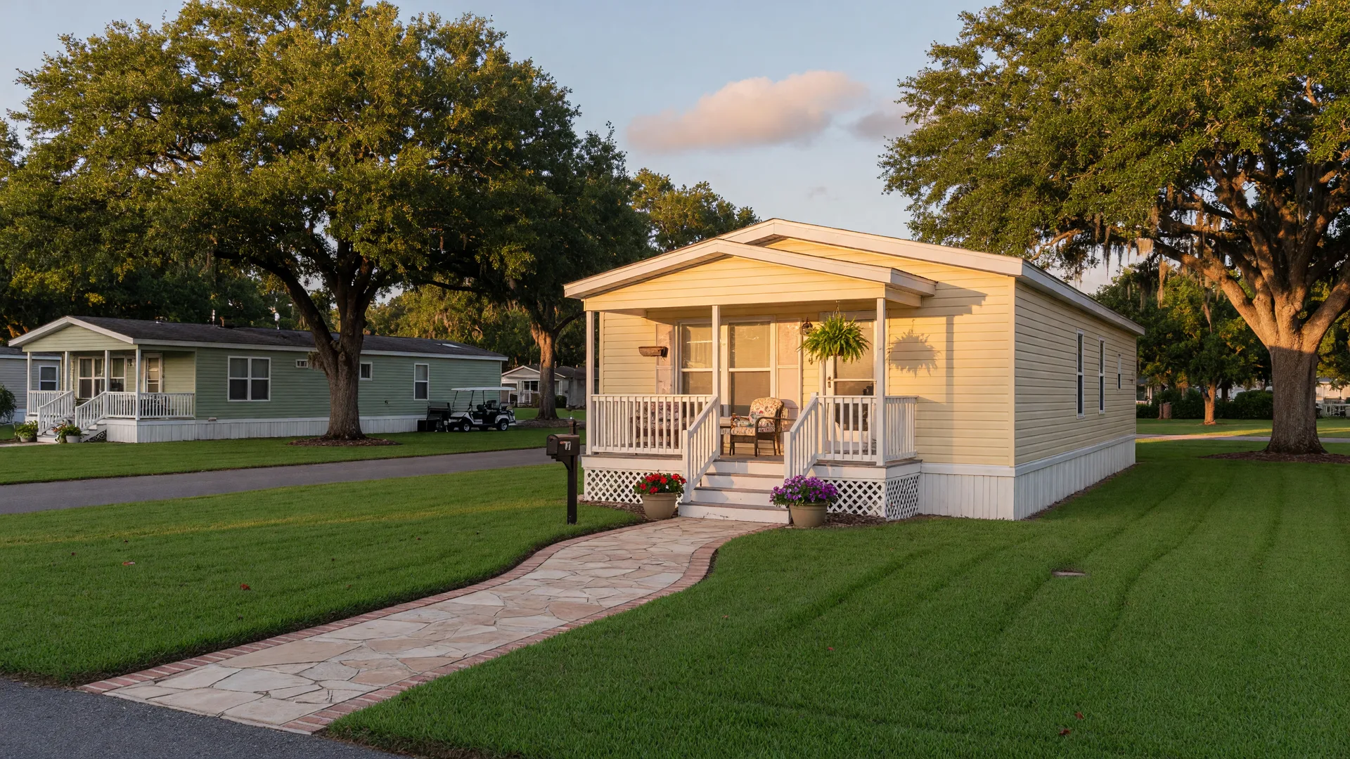A tidy manufactured home in a quiet senior community at golden hour