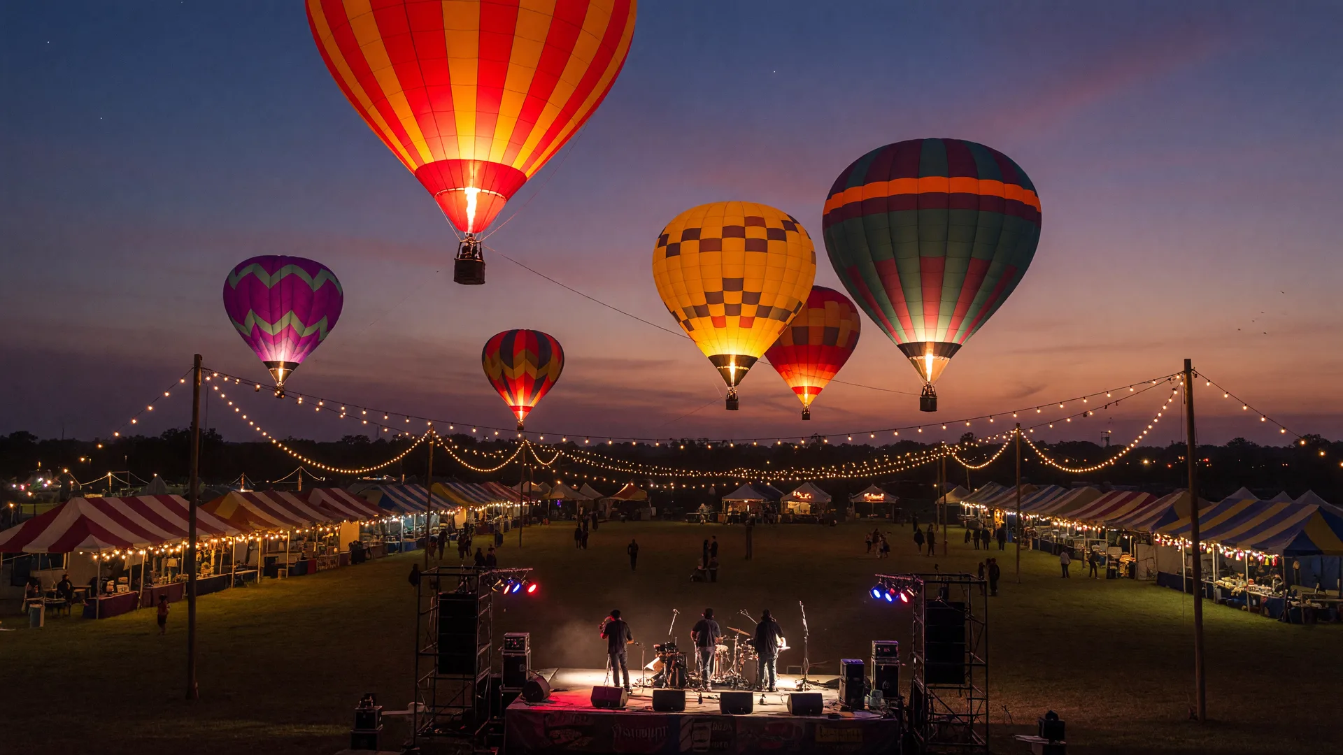 Hot air balloons glowing in a twilight sky above a Texas festival field with vendor tents, string lights, anda live music stage, fairgoers silhouetted in the distance