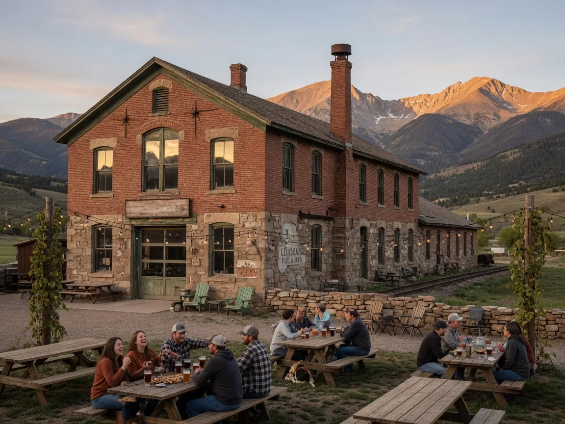Historic mining-era brewery in Lafayette Colorado with outdoor beer garden and mountain views