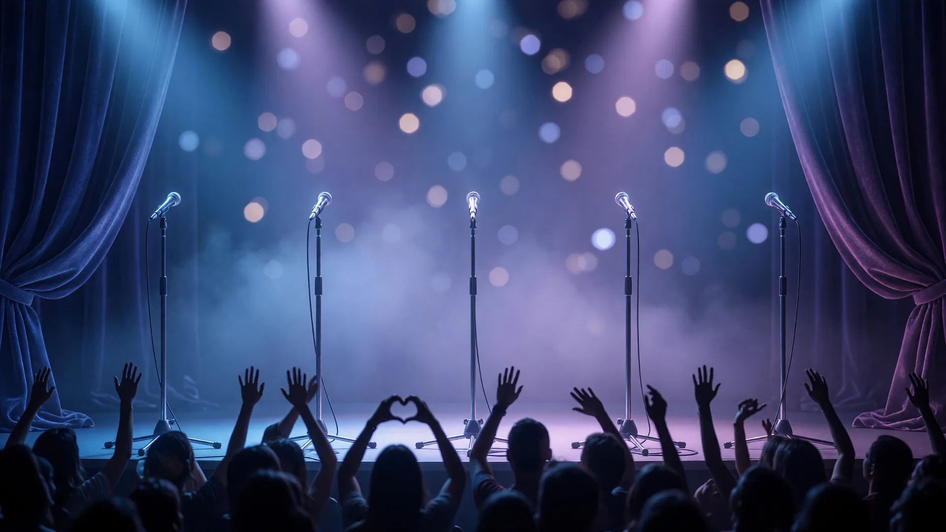 An elegant R&B concert stage with a row of microphone stands under cool blue and lavender light with soft haze
