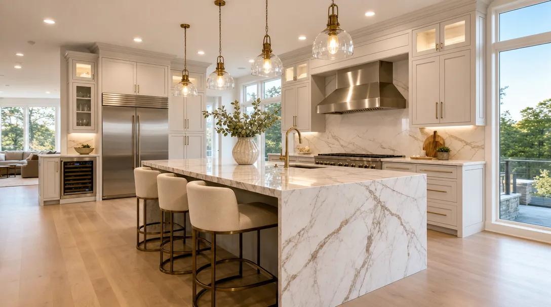 Luxurious modern kitchen with marble island, custom cabinetry, and professional-grade appliances