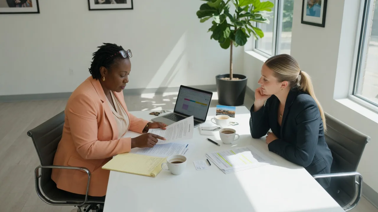 Two real estate professionals reviewing commission documents at a bright conference table in a modern Dayton office