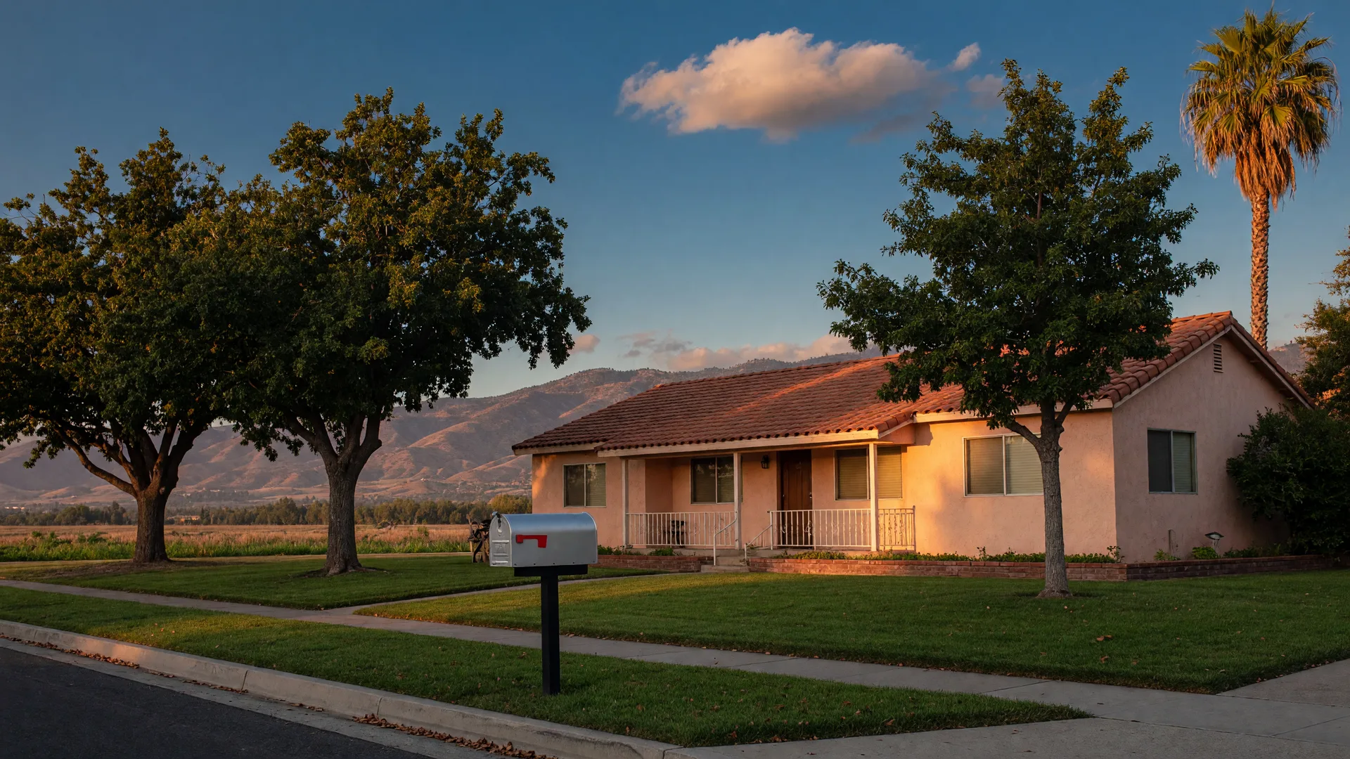 A well-kept single-story ranch home in a Merced County neighborhood at golden hour, with a crisp green lawn, a mailbox at the curb, oak and palm trees, and the Sierra Nevada foothills on the horizon