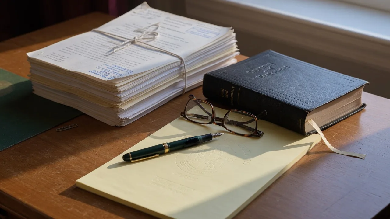 Legal documents and an empty will book on a lawyer's desk, representing intestate estate administration in Maryland