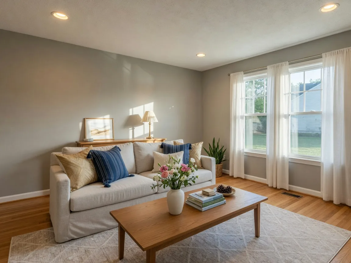 A bright, freshly staged Delran living room with neutral walls, a light sofa, and gold and navy accents