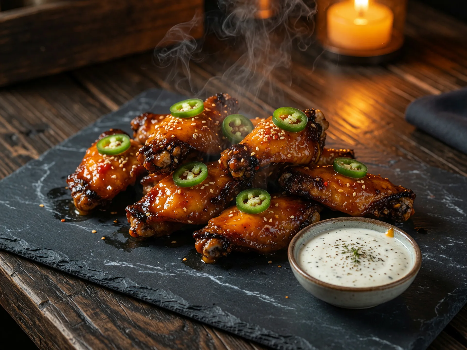 Smoked chicken wings glazed in glossy mango habanero sauce with sliced jalapeños and a ramekin of ranch dip at Moonshiners Bar and Grill in Braselton Georgia