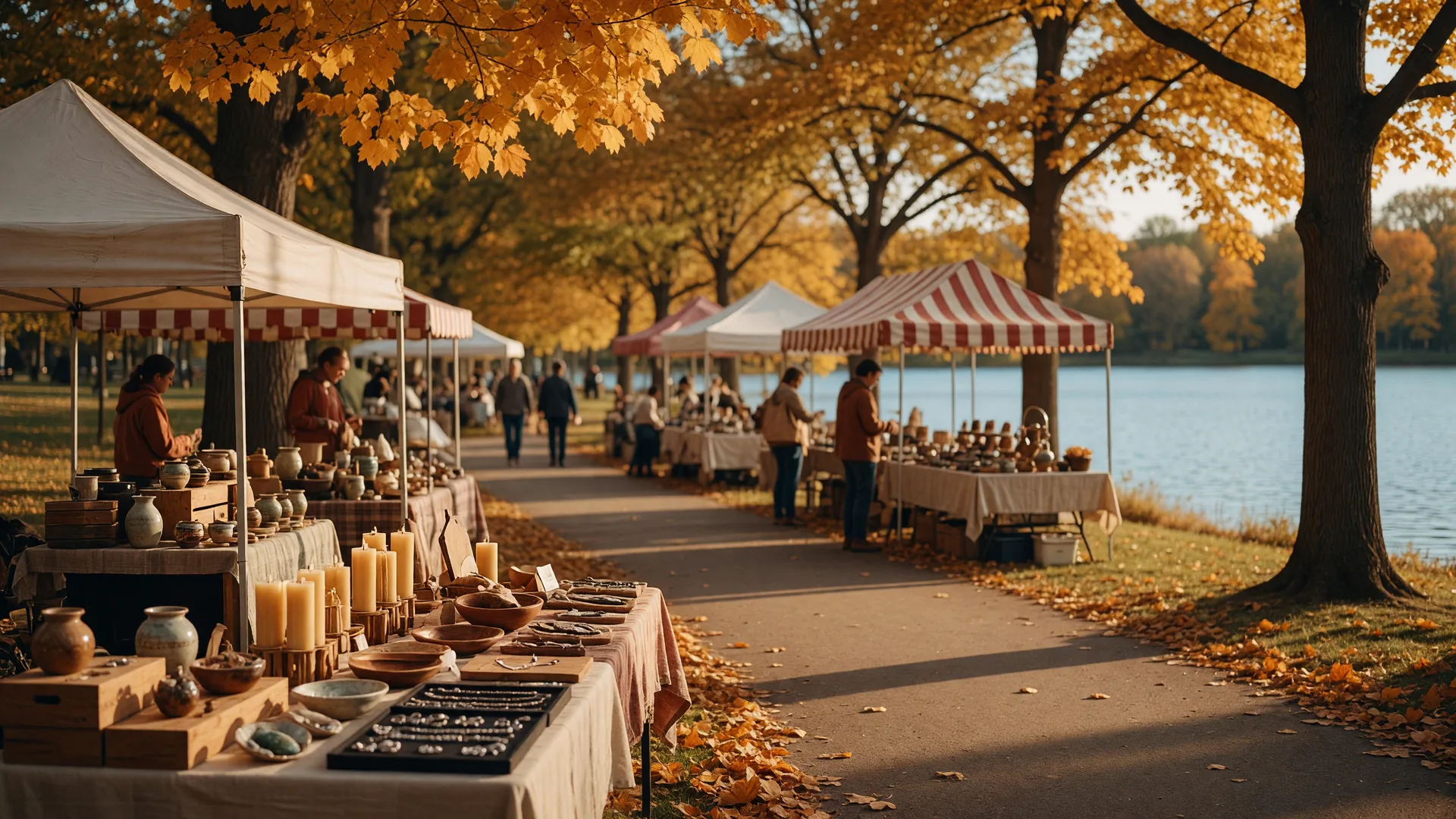 A lakeside autumn craft fair in a city park with vendor canopies of handmade goods along a paved path, golden leaves, and calm blue lake water between the trees