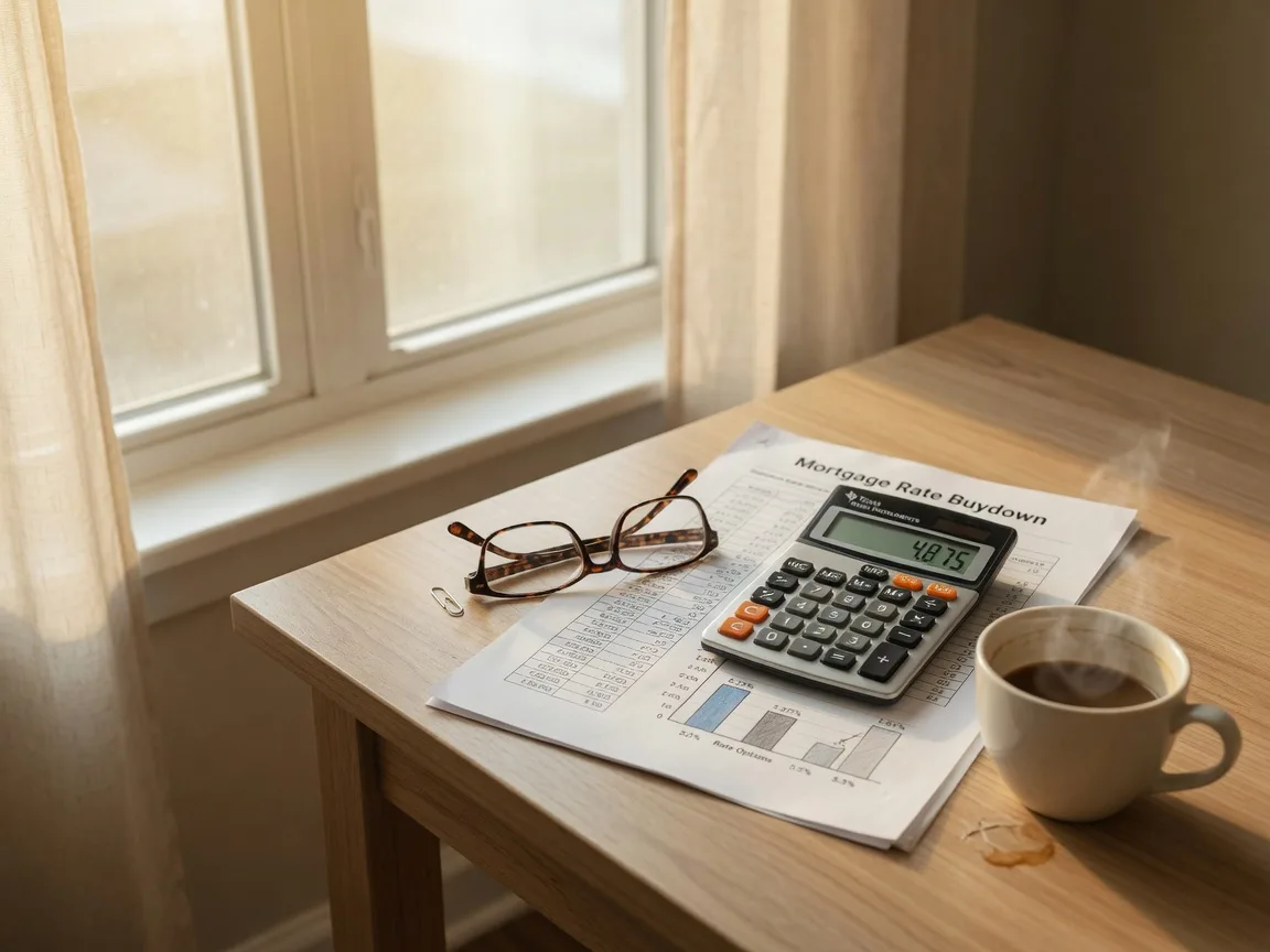 A mortgage closing table with a calculator, a rate buydown worksheet with a small chart, reading glasses, and a coffee cup by a sunny window