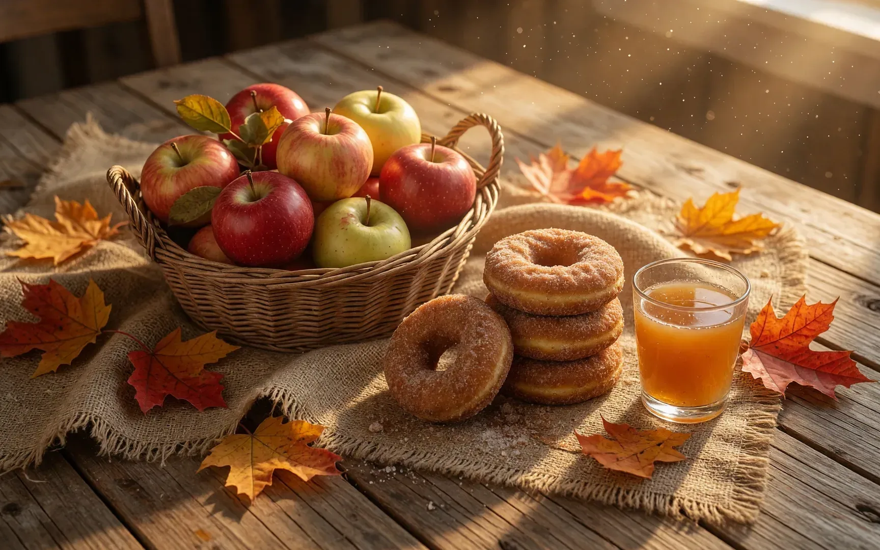 A late-September harvest table with a basket of apples, a glass of cider, and a stack of apple cider donuts on a rustic wooden bench