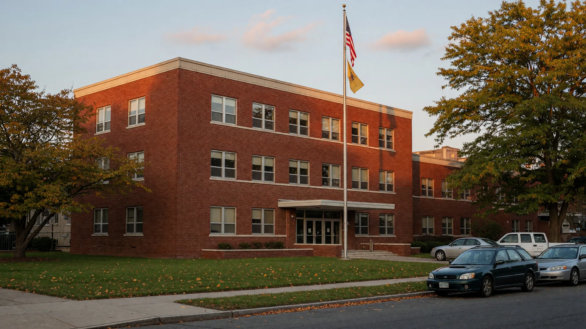 The Montclair NJ municipal building on Claremont Avenue, a brick civic building with a flat roofline, flagpole, and green lawn in early-autumn light