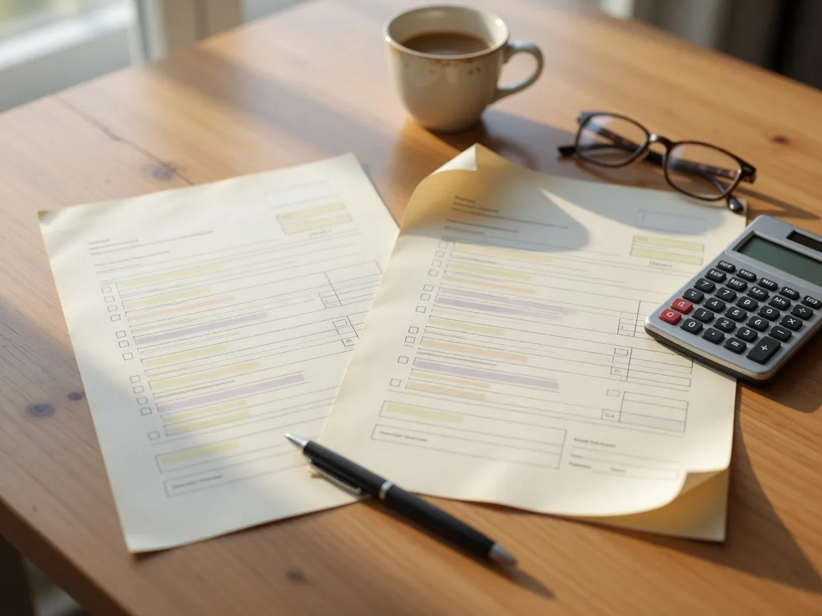 Two mortgage Loan Estimate documents laid side by side on a desk with a calculator, pen, and reading glasses in warm window light