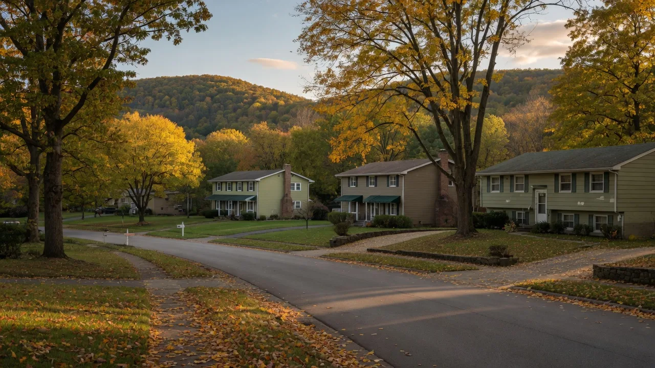 A tree-lined residential street in the Loch Alpine neighborhood with mid-century homes on large lots surrounded by rolling wooded hills in autumn