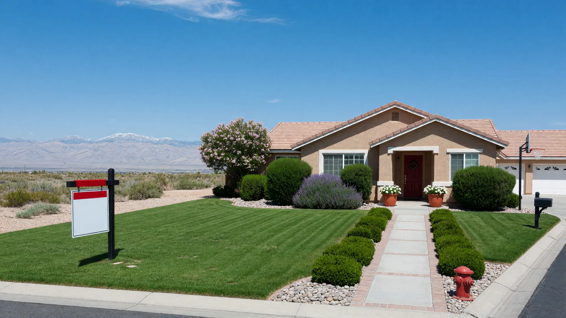 A well-maintained Nevada home with a for-sale sign in the front yard under a bright blue sky, with the Sierra on the horizon.