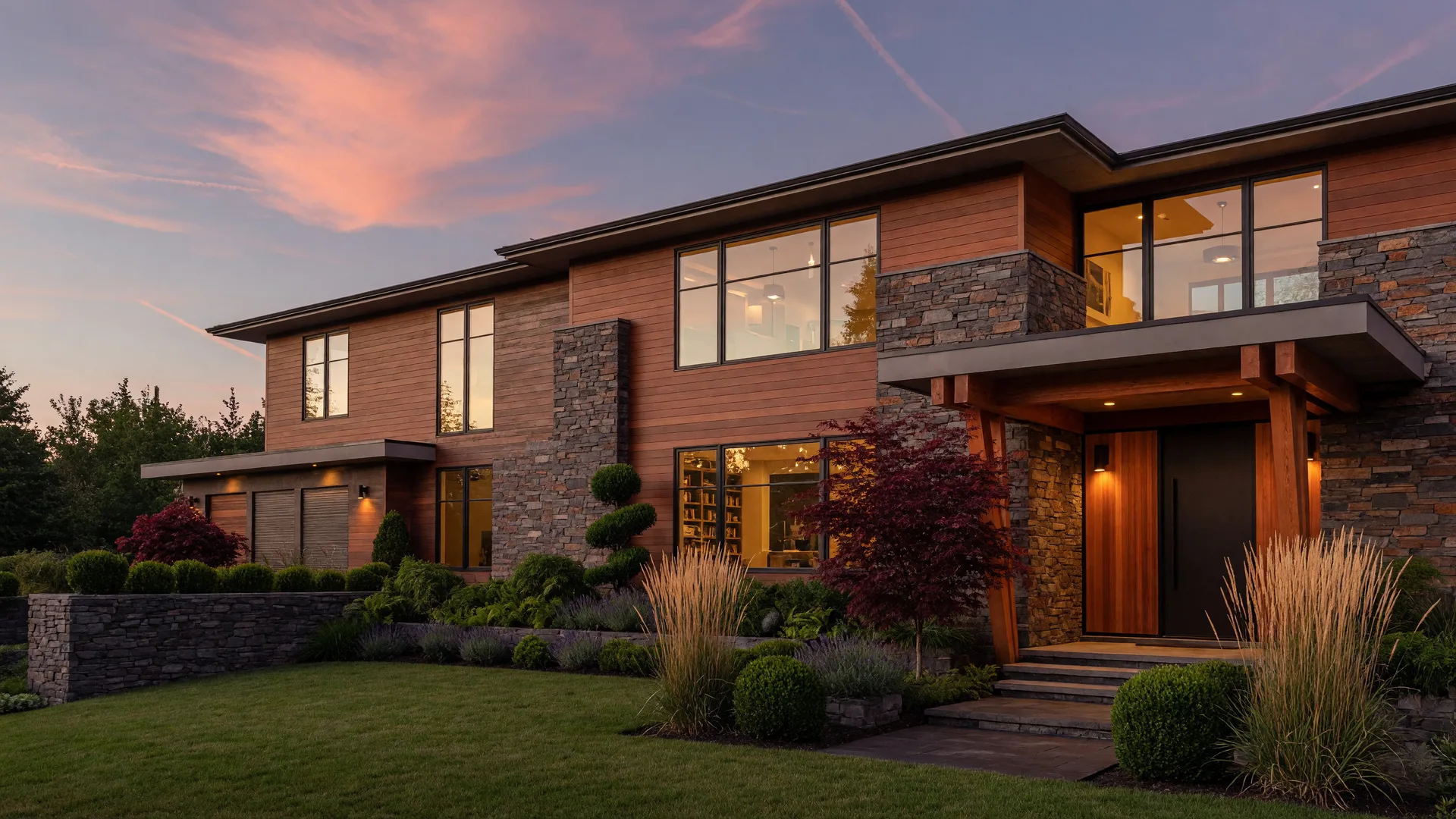Stunning luxury custom home in Portland with modern architecture, stone and cedar finishes, and warm dusk lighting