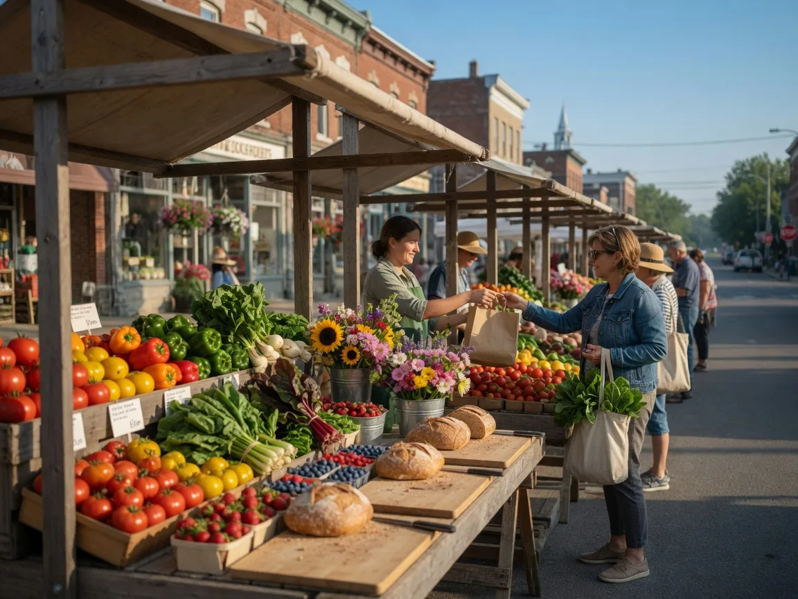 Wooden stalls of the Campbellford Farmers' Market with fresh produce, cut flowers, and baked goods on a Saturday morning