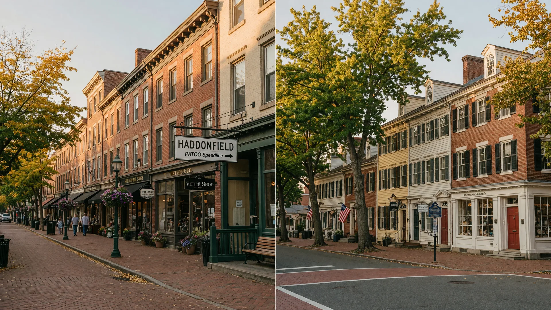 Split-screen comparison of Haddonfield NJ historic downtown and Moorestown NJ downtown with tree-lined streets