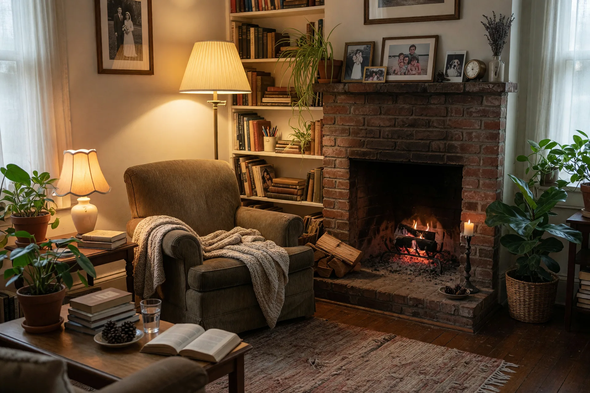 A cozy, lived-in living room with a fireplace