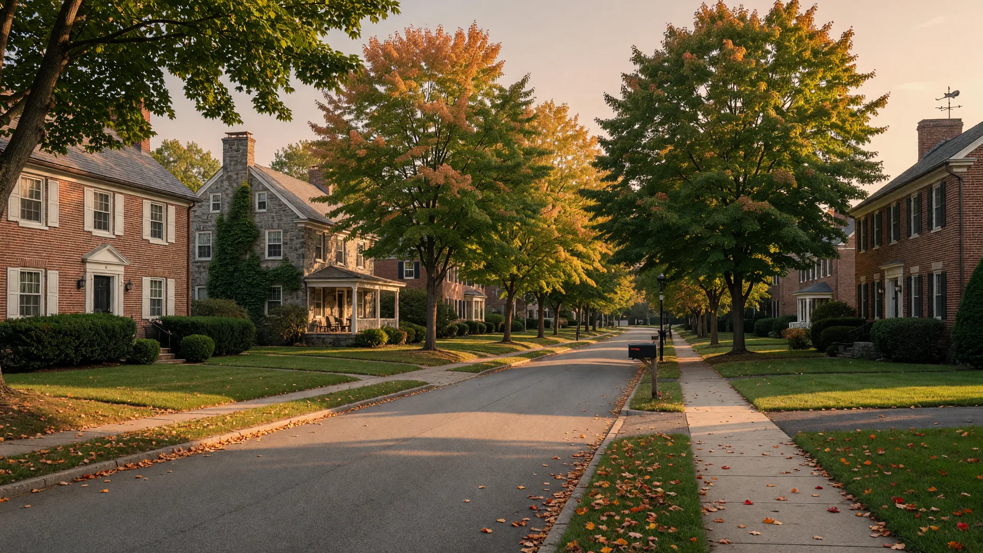 A quiet tree-lined residential street in Rydal PA on a mid-September afternoon with golden light across stone and brick homes under sugar maples just beginning to turn for autumn