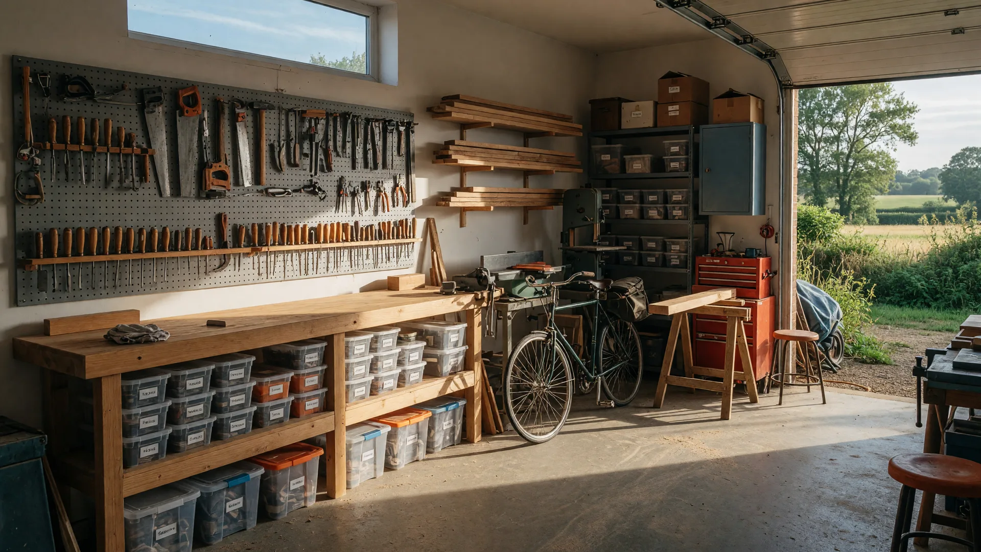 A tidy home workshop with workbench, pegboard tools and shelving