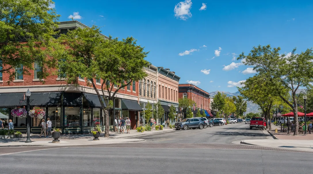Downtown Layton, Utah's historic Main Street commercial district with local storefronts, brick buildings, and a pedestrian-friendly streetscape under a clear blue sky